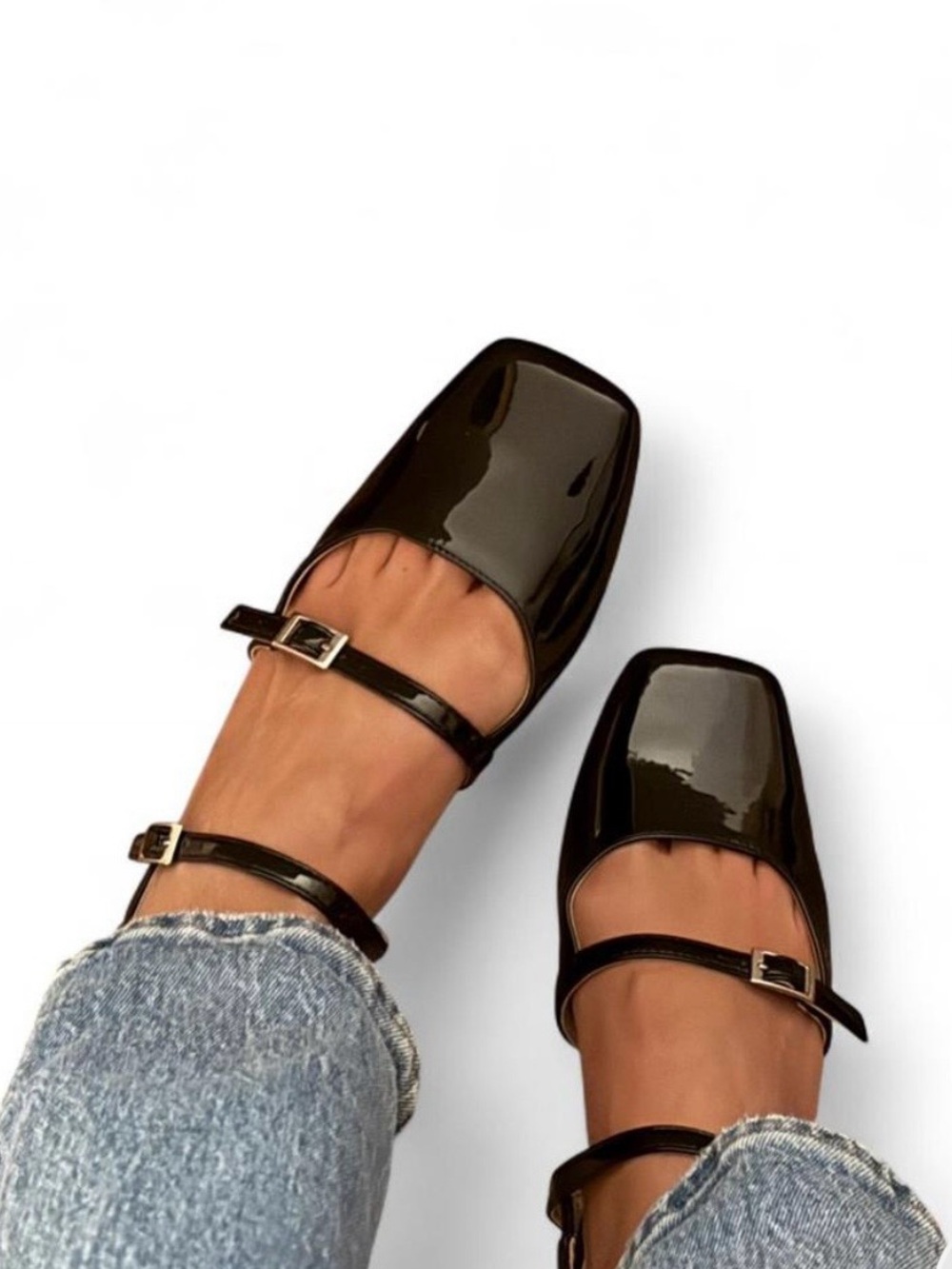 Patent Black Square-Toe Double-Strap Flats